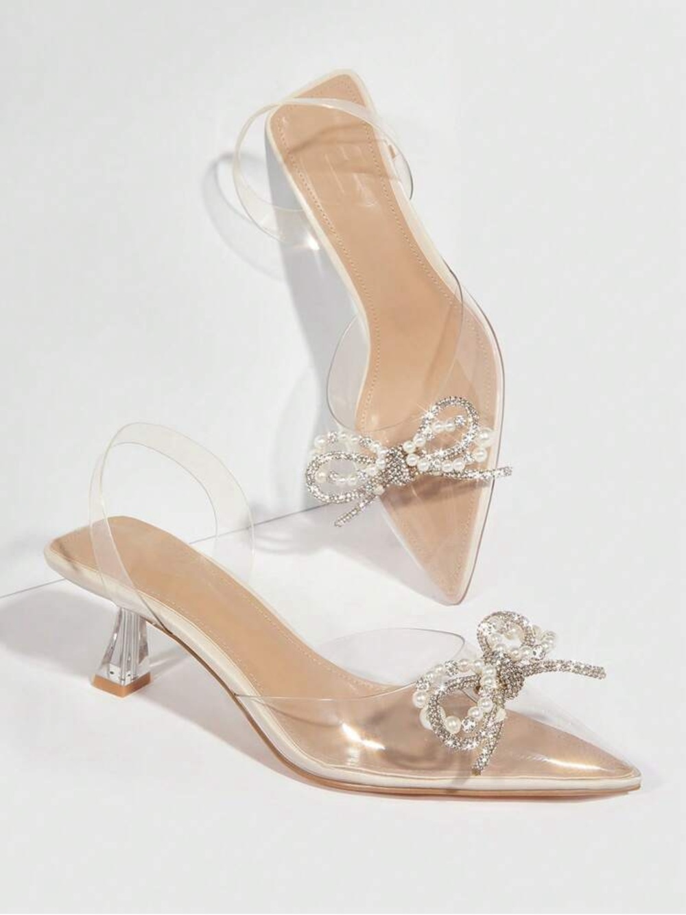 Clear-Strap Nude Pointed Slingback Heels with Rhinestone Accent